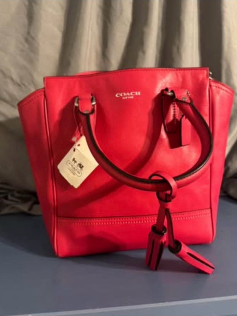 COACH pink scarlet legacy 48894 Mini pebbled Leather hand bag w/tassles NWT